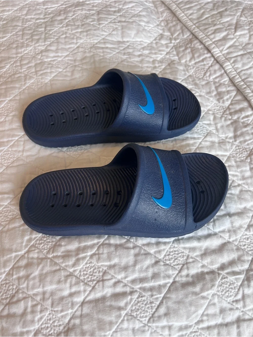 Nike Dark Blue Slide Sandals with Light Blue Swoosh